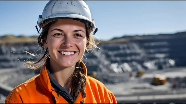 Female mining worker wearing an orange high-visibility jacket and a white hard hat, smiling at the camera with a large, dark grey open-pit mine in the background.