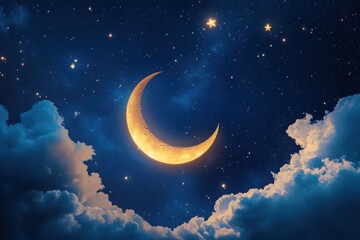 Naklejka premium Celebrate Ramadan Kareem with a vibrant background featuring a glowing crescent moon and stars illuminating the night sky