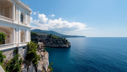 Naklejka premium Ultra-image; a beautiful landscape; Exquisite cliffside residential area integrated with rocky terrain, showcasing highly detailed, well-structured houses, framed by the deep blue ocean, clear skies