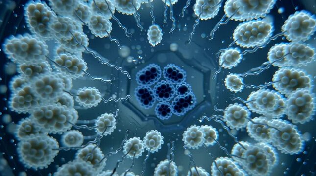 Microscopic cellular structures are featured in a detailed, abstract, blue-toned artwork.