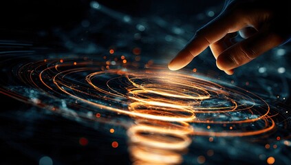 Hand touching a glowing holographic interface