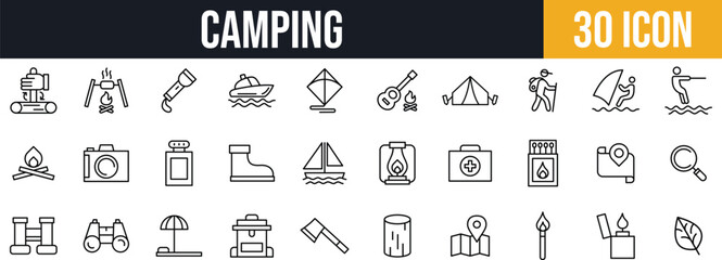 Camping & Nature Activity Icons set. Outdoor Adventure, Hiking, Boating, Survival & Exploration icon pack