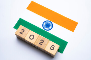 2025, India, India flag with date block, Concept, Important events for India in the new year,...