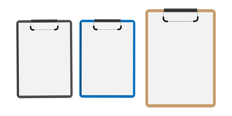 Clipboard collection with clip on top for paper. Single clipboard, whiteboard with paper. Realistic, isolated on white background.