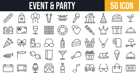 event & Party Celebration Icons set – Food, Music, Gifts, Decorations, and Entertainment icon pack.