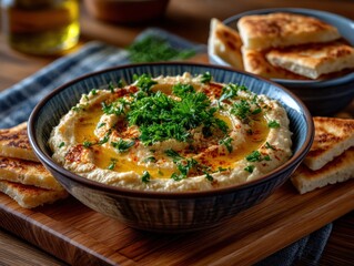 Creamy hummus with toasted bread