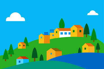 Charming Hilltop Village A Colorful Illustration of Peaceful Homes and Lush Greenery