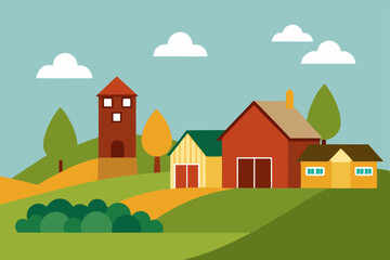 Naklejka premium Charming Countryside Farm Scene Rolling Hills, Barns, and Autumn Trees