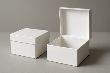 Premium white product packaging mockup. Clean, minimalist design featuring an open box with internal insert and a closed box, ideal for branding, e-commerce, and product presentation

