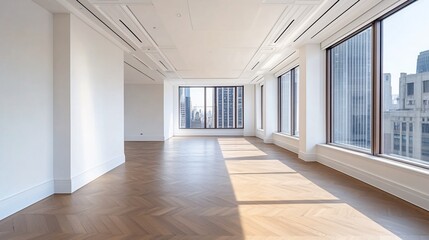 Obraz premium Empty modern office space with large windows, showcasing city views. Sunlight streams across polished hardwood floors