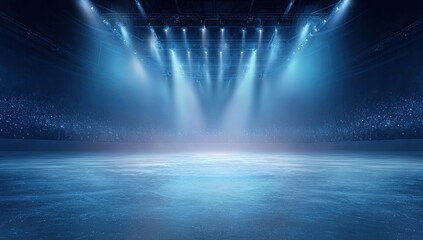 Empty ice rink arena lit by spotlights
