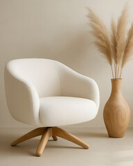 Minimalist Interior with Modern White Armchair and Wooden Vase Decor