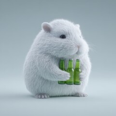 Cute white hamster holding beer bottles, party animal, humor, whimsical