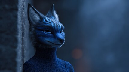 Anthropomorphic wolf, serene character, furry creature, blue fur, night scene, digital art