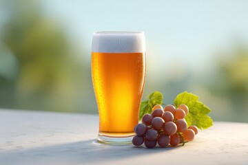 Refreshing craft beer with foam and grapes on table outdoors in sunlight