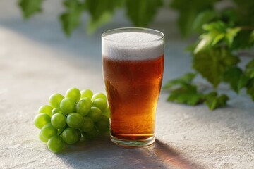 Glass of golden drink with foam, grapes, refreshment, beverage, cold drink, thirst, refreshment