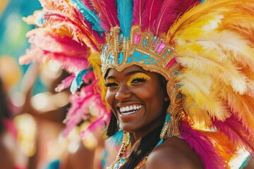 Smiling man showcases vibrant feathered headdress during festival celebration in bright, sunny outdoor setting surrounded by festive atmosphere