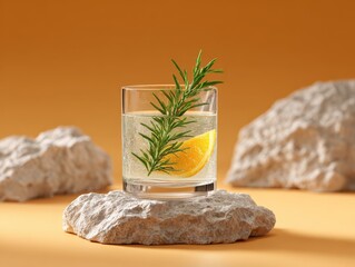 Refreshing rosemary gin tonic cocktail with orange slice on stone pedestal