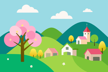 Naklejka premium A vector illustration of a charming spring village landscape with houses and green trees under a clear sky