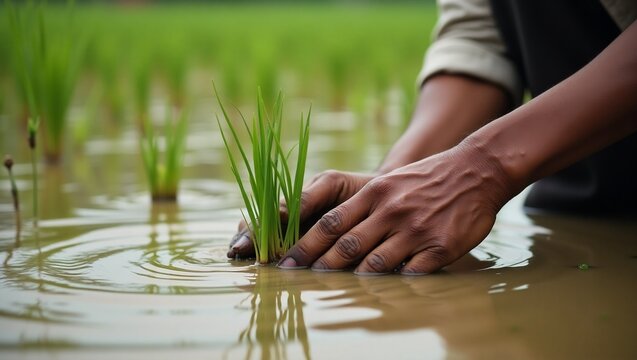 Closeup of Hands Planting Rice Seedlings in a Water-Filled Field