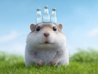Cute hamster with bottles on head standing in grass, comical, humorous, animal, pet, nature