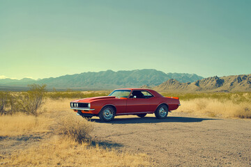 Fototapeta premium Classic American muscle car parked on a rugged desert road in Williams, Arizona during a sunny June afternoon surrounded by scenic mountains