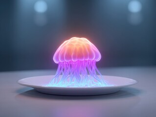 Glowing jellyfish on plate, bioluminescent sea creature, surreal marine life concept