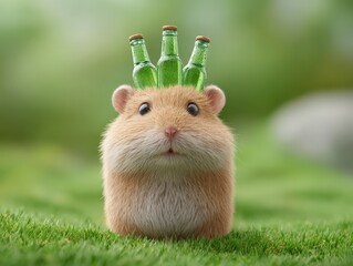 Cute hamster holding three green bottles on head in grass, funny pet, humor, adorable animal