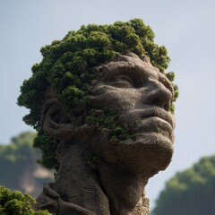 Stone sculpture head overgrown with vegetation, nature art, environmental concept