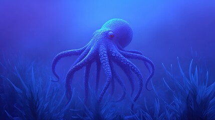 Blue octopus underwater in ocean with tentacles in sea grass concept
