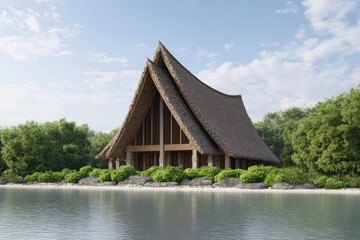 Tropical hut on beach, serene architecture, island, water, coast, travel, landscape