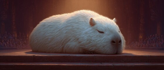 Resting capybara illuminated on stage for crowd at theater show