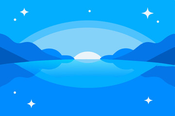 Serene Sunset Minimalist Lake and Mountain Landscape Illustration