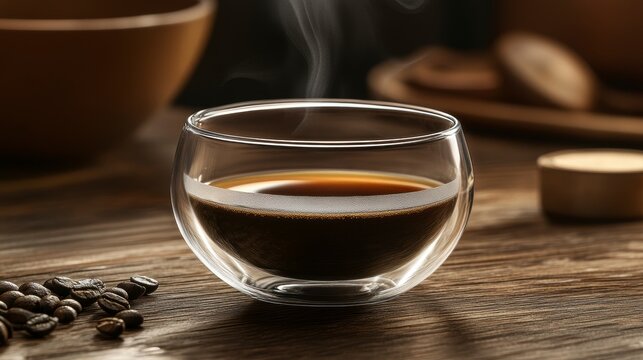 Steaming espresso in a double-walled glass cup on a wooden table with coffee beans.