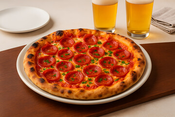 Hot Pepperoni Pizza Served with Cold Beer for a Perfect Comfort Meal and Classic Food Pairing