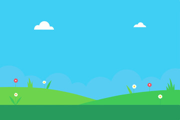 Naklejka premium Sunny Meadow Landscape A Serene Springtime Scene with Blooming Flowers and Rolling Hills