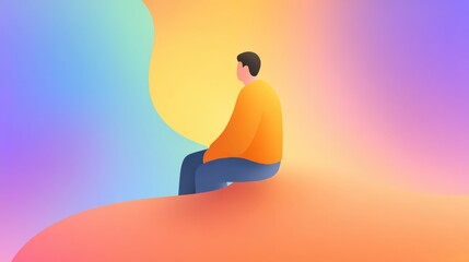 Man sitting alone with thoughtful expression, solitude and contemplation in colorful setting