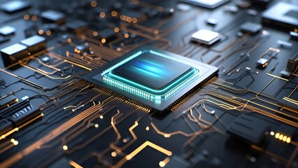 Close-up of a green computer circuit board with various electronic components, including chips and memory, showcasing advanced digital technology