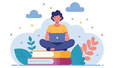 A young person sits cross legged on a stack of books working on a laptop surrounded by abstract shapes and clouds symbolizing learning and digital education
