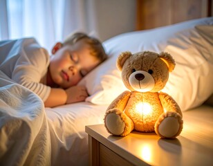 Child sleeping, teddy bear nightlight