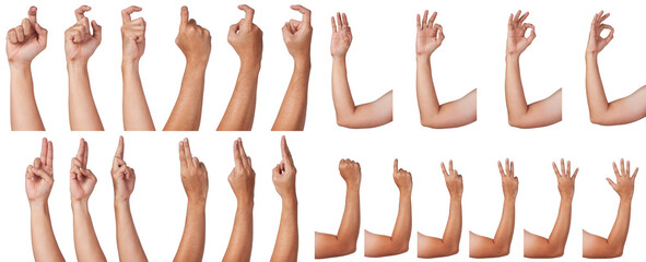 Male asian hand gestures isolated over the white background.