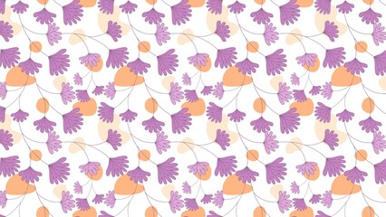 A floral pattern with purple leaves and orange circles on a white background in a seamless design