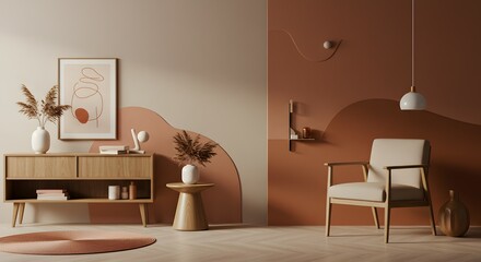 Modern living room with wooden furniture, minimalist decor, and a warm color palette creating a cozy and inviting atmosphere for relaxation and entertaining guests