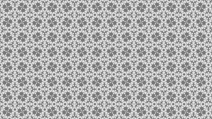 Repeating pattern of gray flowers and geometric shapes in a symmetrical arrangement design style