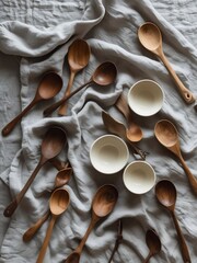 Artisanal Wooden Spoons and Simple Ceramic Bowls Laid Out on Soft Grey Linen