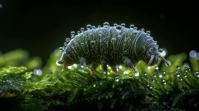 Detailed macro of a woodlouse covered in water droplets, set on a bed of green moss.
