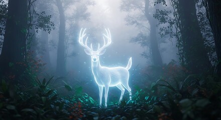 Glowing Deer in Foggy Forest