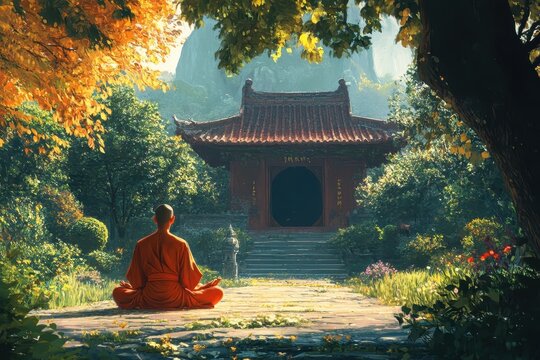 Monk meditates in a tranquil garden surrounded by vibrant foliage and an ancient temple during early morning light