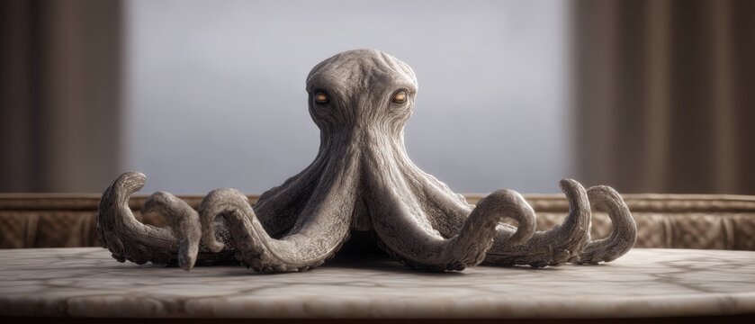 Alien octopus creature, fantasy concept, 3d rendering on marble table, unusual animal