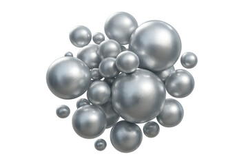 Cluster of metallic silver spheres floating on a transparent background, creating a visually appealing abstract composition